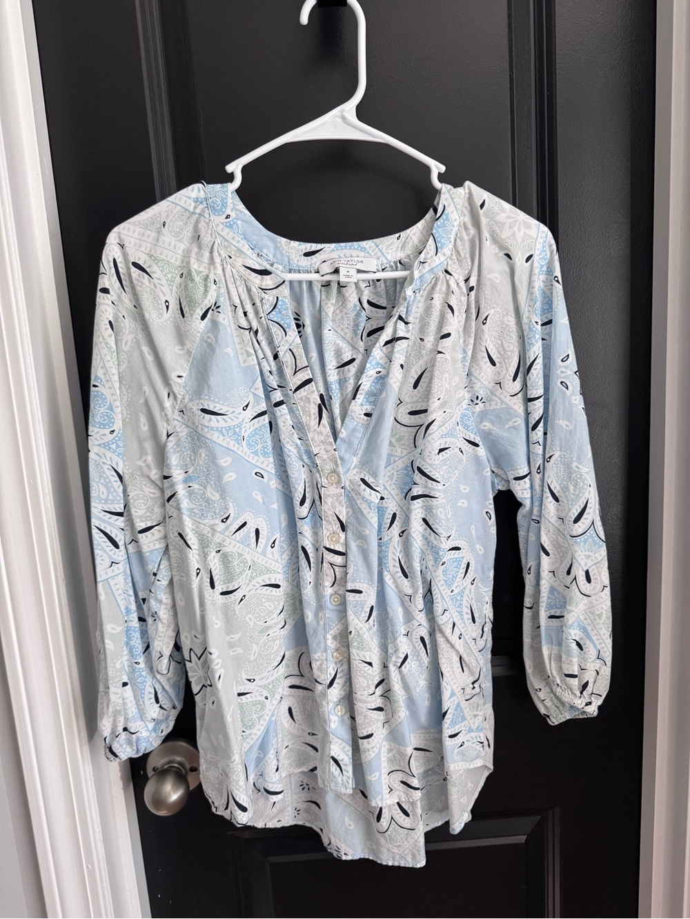 Ann Taylor Light Blue Paisley Button-Front Blouse